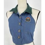 Kollyy Halter Crop Top‎ Blouse Blue Button Front Size Medium Green Collar Photo 7