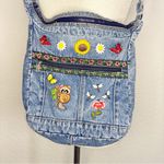 Vintage Denim Shoulder Bag with Floral Embroidery Blue Photo 1