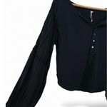 Free People  S Top Blouse Tee Light Magic Henley in Deepest Navy Puff Sleeve Photo 3