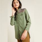 Anthropologie Sequin Shoulder Utility Shirt Jacket Olive Green Button Down XS Photo 2