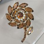 Brooch Amber Marquise Round Rhinestones Vintage Gold Tone Floral Clear Prong Set Photo 0
