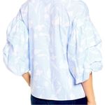Halogen Nordstrom blue white pin strip floral puff sleeve blouse coastal Grandma Photo 2