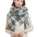 New Womens Wander Agio White & Gray Fringe Plaid Warm Blanket Winter Scarf Black Photo 1