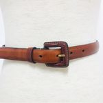 VINTAGE Whiskey Brown Genuine Leather Skinny Belt Classic MInimalist 90s Small Photo 2