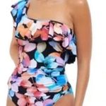 New! Profile by Gottex Color Rush Black Ruffle One Shoulder One Piece Swimsuit Size 12 Photo 0