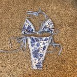 Blue Floral Print Tie Side Bikini Set Women's Swimsuit Beach Vacation Summer Photo 0