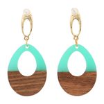 Teal Wooden Geometric Teardrop Earrings - Acrylic Resin Lightweight Wood Photo 3
