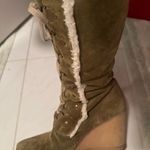 Strenesse Blue suede tall boots lace up wedge rubber sole whitish faux fur 9 Photo 9