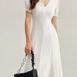Rihoas White Puffed Sleeve V Neck Midi Dress Photo 0