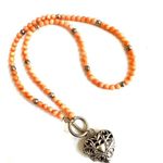 coral beaded sterling silver heart locket pendant necklace Orange Photo 8