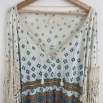 Free People White Blue Macra Maze Me Printed Fringe Bohemian Pleasant Blouse Photo 4