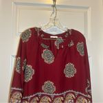 Pleione  Maroon Boho Print V Neck Long Sleeve Blouse S Photo 4