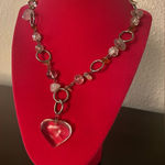 Quartz Beaded Necklace w Glass Heart Pendant | Chunky Statement Jewelry Pink Photo 0