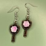 Handmade Copper Bronze Tone Purplish Pink Rose Mirror Shape Earrings Photo 0
