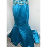 Sherri Hill  Prom Dress Size 4 Strapless Gold Beaded Turquoise Blue Mermaid Train Photo 2