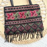 Vintage Black Satin Red Floral Top Handle Evening Bag Beaded Fringe Small Boho Photo 1