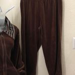 2000s Y2K Funky Retro Chocolate Brown velour velvet tracksuit zip up jacket with pants with striped grey collar bell sleeves Photo 0