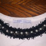 Zara Woman White Pearl Embellished Neckline Crew Neck T Shirt Top Small Photo 3
