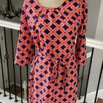 Just USA Coral Blue Geometric Print Belted 3/4 Sleeve Dress Womens Size Medium Photo 0
