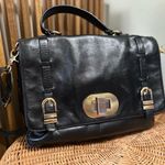 Badgley Mischka  Black Leather Satchel Two—Toned Hardware Turnlock Crossbody Photo 4