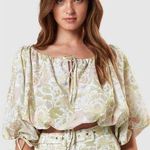 Rachel Zoe  Floral Off The Shoulder Crop Boho Blouse Green Size M Oversized Fit Photo 0