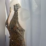 Tony Bowls Paris Mermaid Halter V Neck Formal Prom Yellow Gold Sequin Dress GUC Photo 3