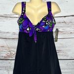 Longitude NWT Size 14 Black - Purple Floral Print Bathing Suit Swim Dress Photo 0