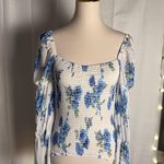 Venus White and Blue Smocked Blouse with Bishop Sleeves Photo 5