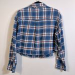 American Eagle  Blue Red White Plaid Stripe Crop Long Sleeve Shirt Women Small Photo 1