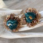 Vintage Gaudy Grandmacore Blue Green Nugget Clip On Earrings Kitschy Glam Photo 0