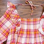 Free People • Siena Plaid Pullover top blouse orange pink smocked peasant Photo 13