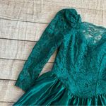 Vintage 1980s Fit and Flare Prom Dress Teal Fitted Bodice Lace Long Sleeve Bow Green Size 14 Photo 5