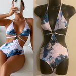 SheIn Marble Print Ring Linked Halter One piece swimsuit Photo 1