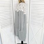 Umgee Striped Crochet Lace Shoulder Tee Shirt Dress Gray Ivory Medium Photo 1