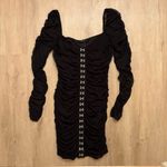 Forever 21  Black Ruched Mesh Mini Dress, Hook Front, Long Puff Sleeves Medium Photo 1