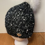 Betsey Johnson  Hat Beanie Womens One Size Black Faux Fur Pom Pearl Metallic Photo 0