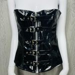Black leather / latex look buckle front corset with tie back lingerie shirt lg Photo 3