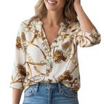 Hippocampe Blouse Top Womens M Cream Chain Print 3/4 Sleeve Old Money Equestrian Size M Photo 0