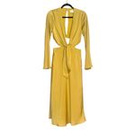 ASOS  Design Tie Front Plunge Satin Yellow Long Sleeve Cut Out Midi Dress US 6 Photo 3