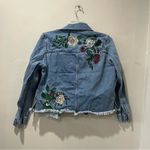 H&M  Love Coachella Denim Jacket Womens 10 Blue Raw Hem Flower Embroidered Casual Photo 5