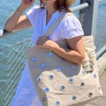 Quilted Koala Boho Large Mirror Tote Bag Stone Natural Beige with Tassel Photo 1