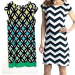 Madison Leigh  Black White Green Geometric Print Short Cap Sleeve Sheath Dress 12 Photo 1