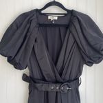 Entro Black Satin Bubble Puff Sleeves Faux Wrap Dress High Low Hem Belt‎ Midi S Photo 5