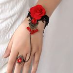 Vintage‎ Style Red Rose Design Bracelet Ring Integrated Gothic Mitten Bracelet Black Photo 8