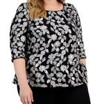 Alex Evenings New  2X‎ Black Sequin Floral Embroidered Overlay Top 3/4 Sleeve Photo 0