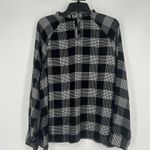 Loft  Plaid Pleated Ruffle Neck Blouse Black White Long Sleeve Size XL Photo 7