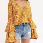 Free People  She’s Ditsy Floral Bodysuit Layered Bell Sleeves Gold Size Small Photo 0