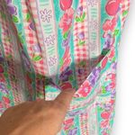 Vintage 80s Dress Colorful Fruit Floral Red Gingham Checkered Tropical Print Blue Size M Photo 3