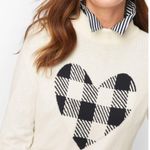 Talbots women’s medium mock neck sweater gingham heart ivory navy blue pullover Photo 10
