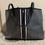 Tory Burch Gemini Link Canvas Tote Navy Black Striped Chain Print Large Bag Photo 2
